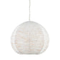 A spherical woven pendant light made of white and beige horizontal slats, suspended by a silver metal chain against a plain white background.