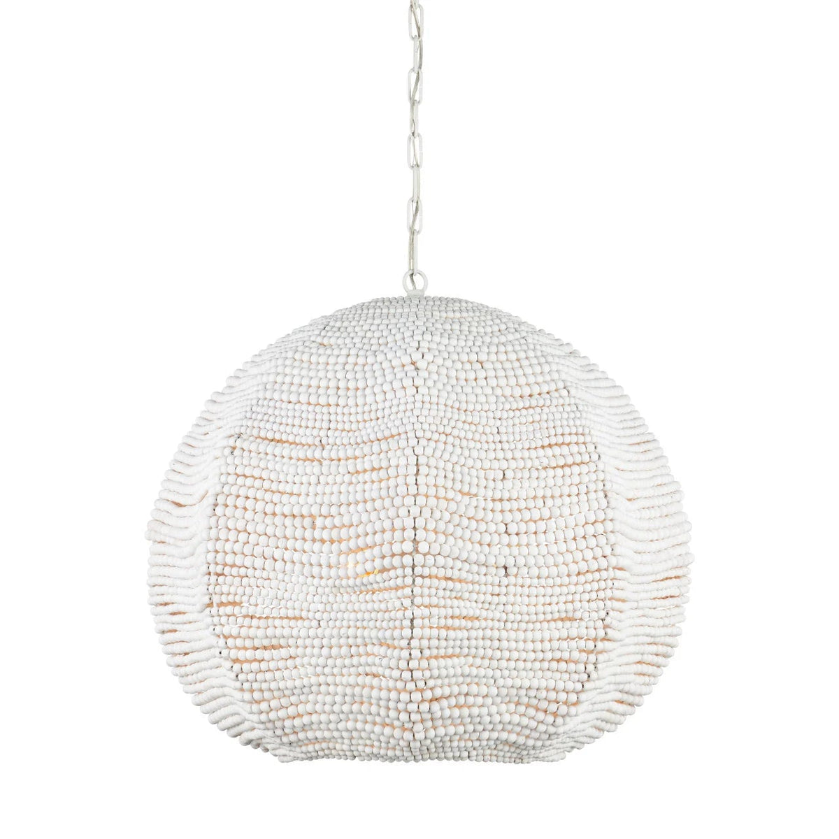 A spherical woven pendant light made of white and beige horizontal slats, suspended by a silver metal chain against a plain white background.
