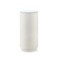 A modern cylindrical side table with a brushed white or off-white wood-grain finish and a clear glass top, shown on a solid white background.