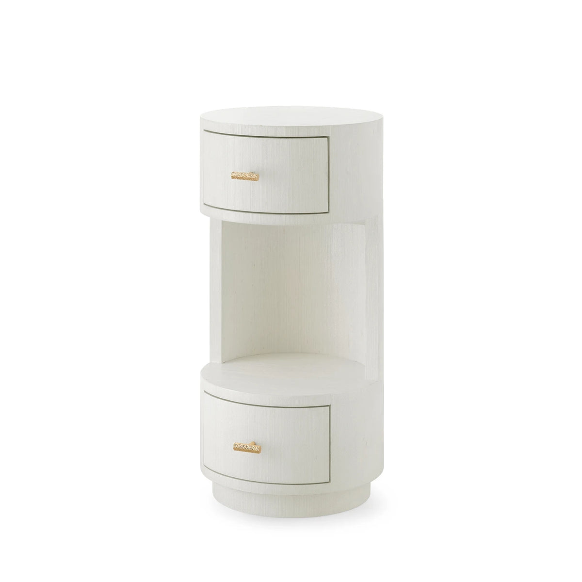 White cylindrical side table with gold accents on a white background