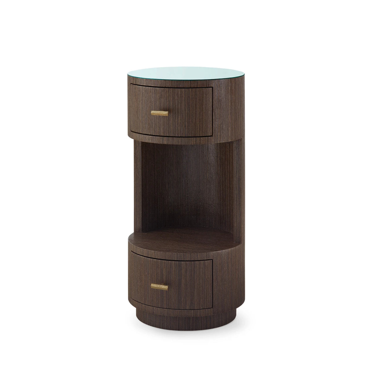 Wooden side table with two drawers on a white background