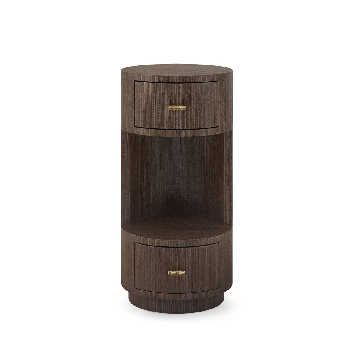 Wooden side table with two drawers on a white background