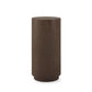 A modern cylindrical side table or lamp base made of dark brown wood with a visible vertical grain texture, shown on a solid white background.