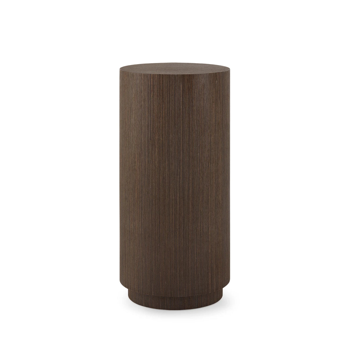 A modern cylindrical side table or lamp base made of dark brown wood with a visible vertical grain texture, shown on a solid white background.