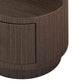 Close-up of a wooden side table with a brown finish.
