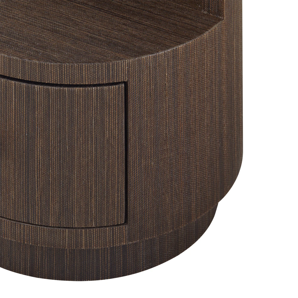 Close-up of a wooden side table with a brown finish.
