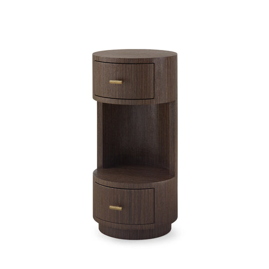 Wooden side table with two drawers on a white background