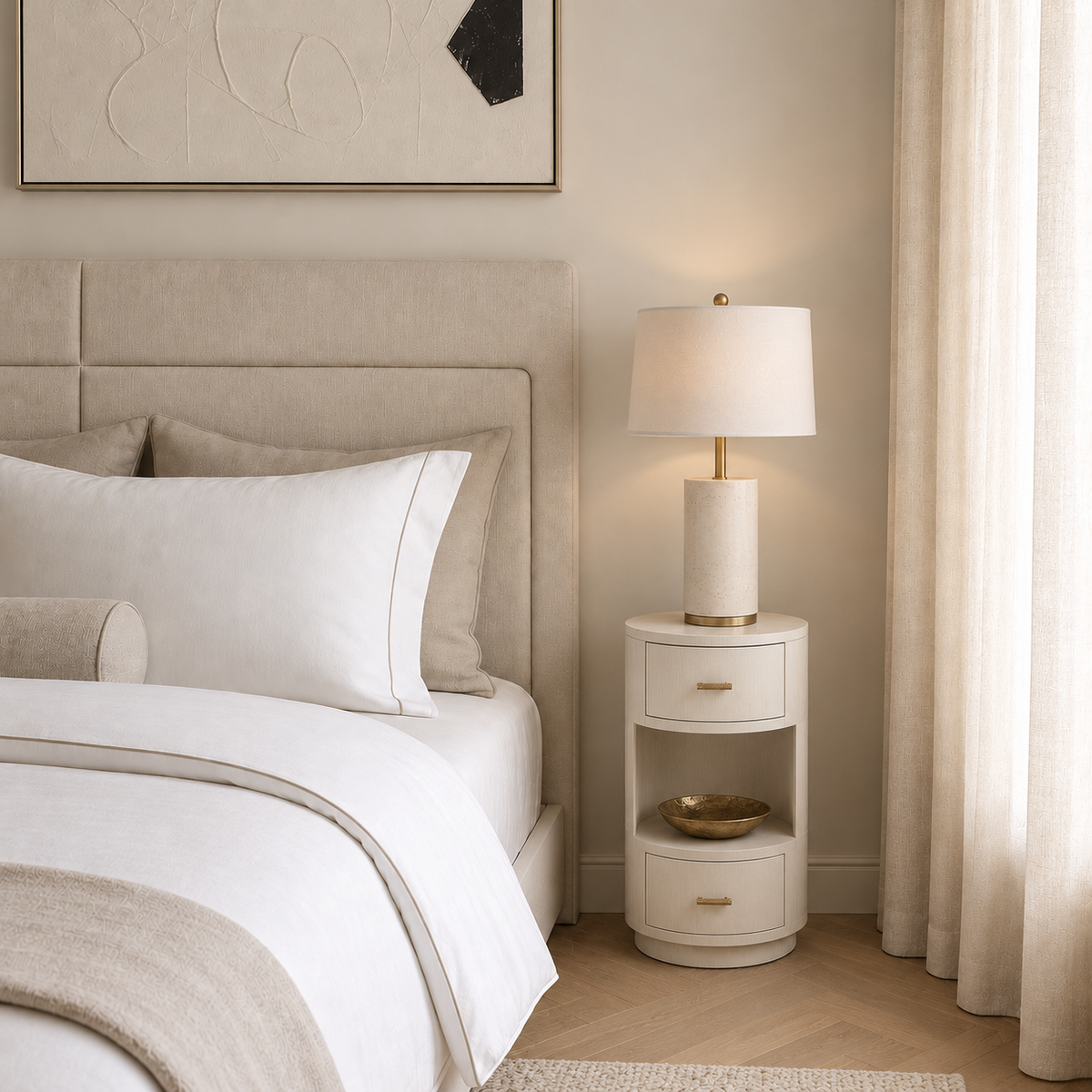 A styled bedroom scene featuring a white two-drawer nightstand with gold handles next to a bed with white linens and a beige upholstered headboard. The nightstand holds a lit table lamp with a cream shade and gold base, set against a warm beige wall with a curtain on the right.