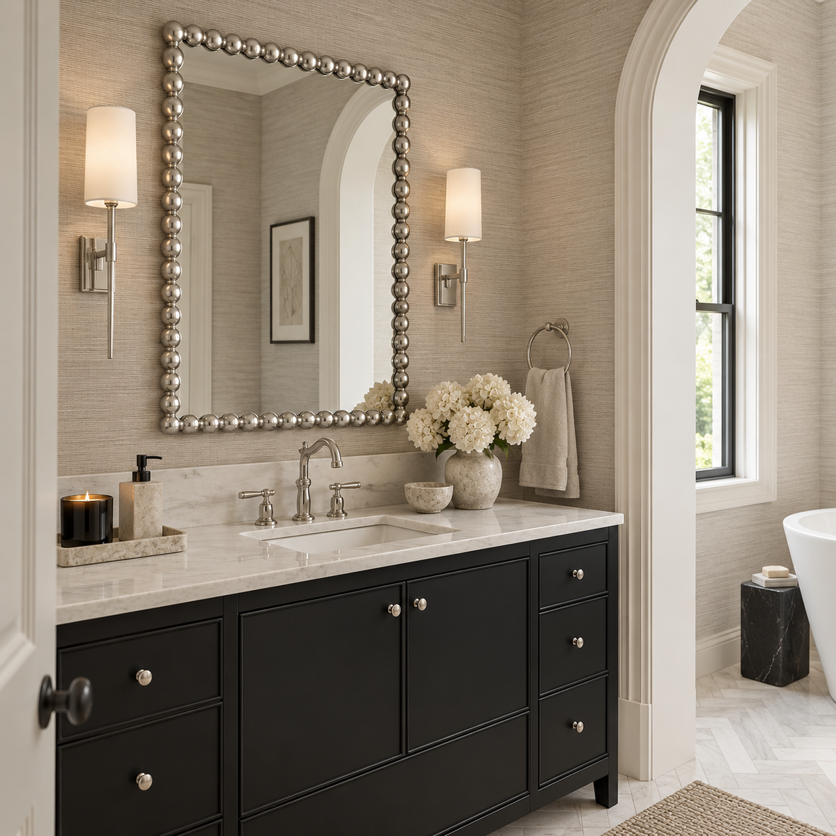 A modern bathroom vanity featuring a black double-sink cabinet with silver knobs, a white marble countertop, a large beaded silver mirror, and wall-mounted sconces.
