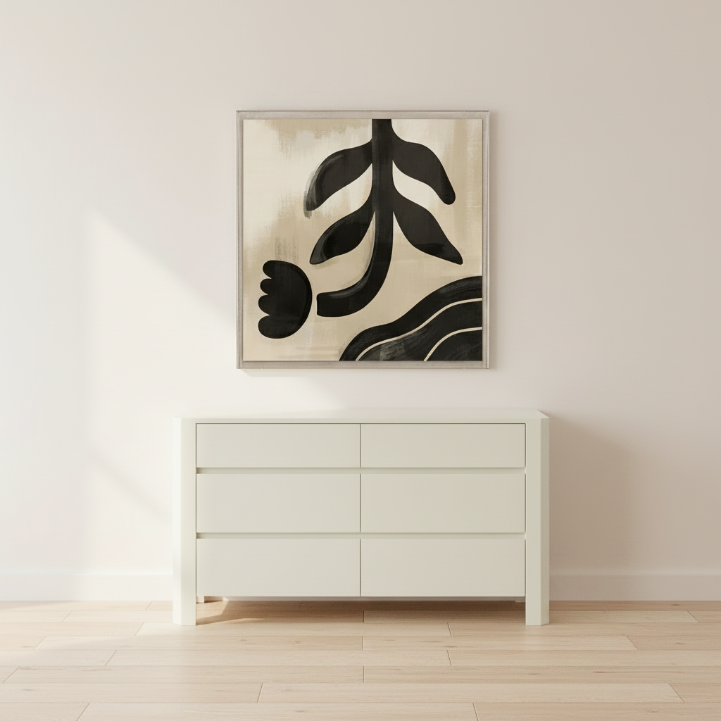 White dresser with abstract black and white artwork on a light beige wall.