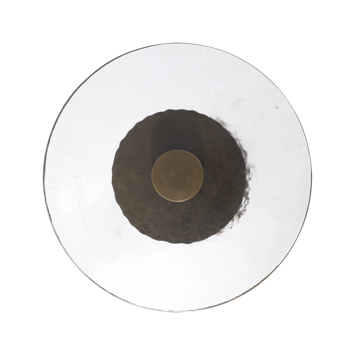 Round metallic object with a central circular component on a white background
