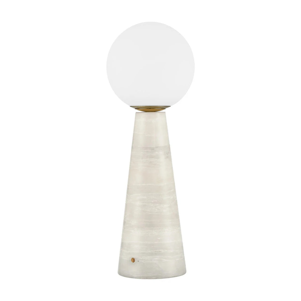 A modern table lamp featuring a tapered, textured off-white base and a spherical frosted white glass shade, accented by a small gold collar at the top.