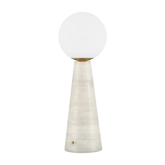 A modern table lamp featuring a tapered, textured off-white base and a spherical frosted white glass shade, accented by a small gold collar at the top.