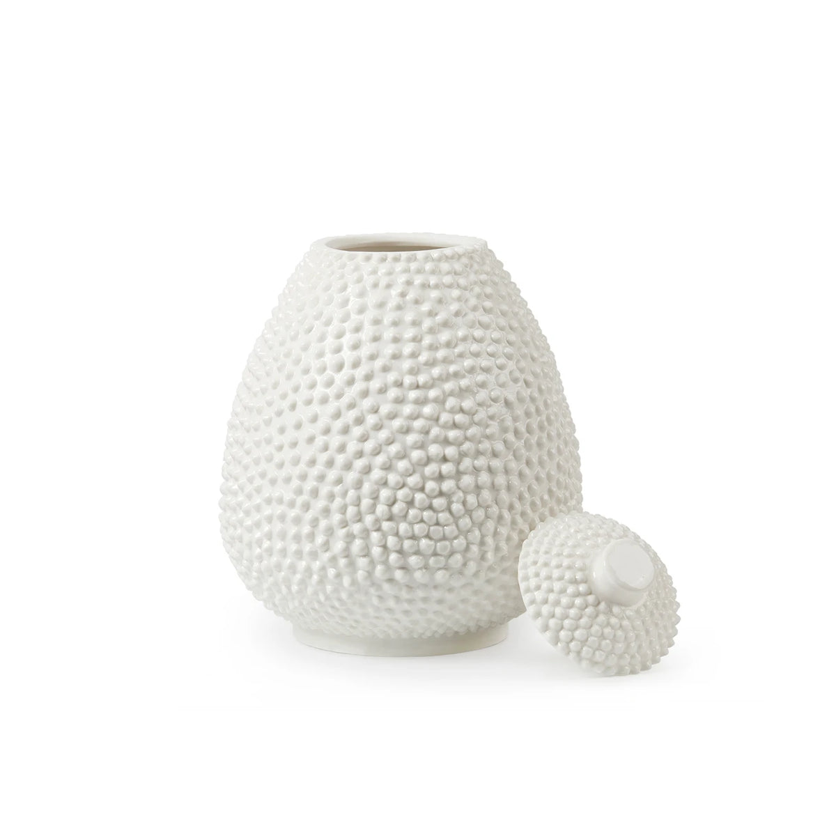  Blanc de chine ribbed patterned egg shaped white vase with a lid on a white background