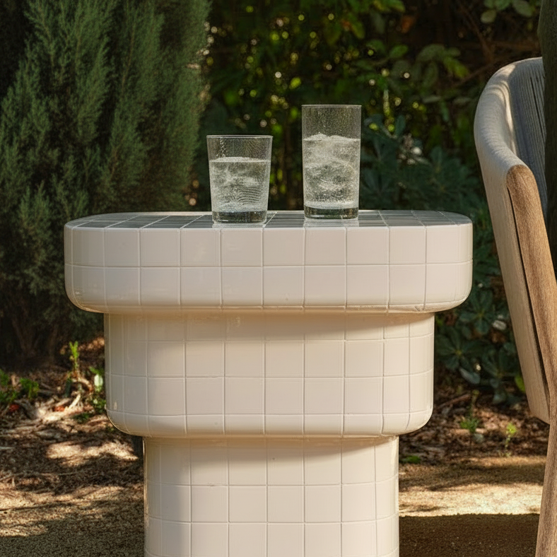 An outdoor patio side table with a stacked, tiered design and a white grid-patterned tile surface, shown next to a modern armchair with green cushions.