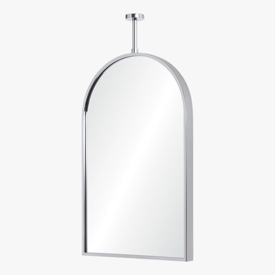 Arch-shaped mirror with chrome frame on a white background