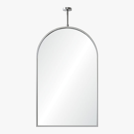 Arched mirror with metal frame on a white background