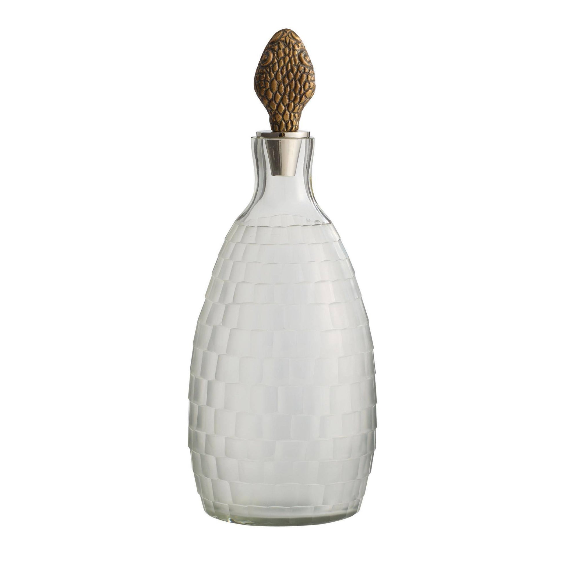 Decorative bottle with textured design and wooden cap on a white background