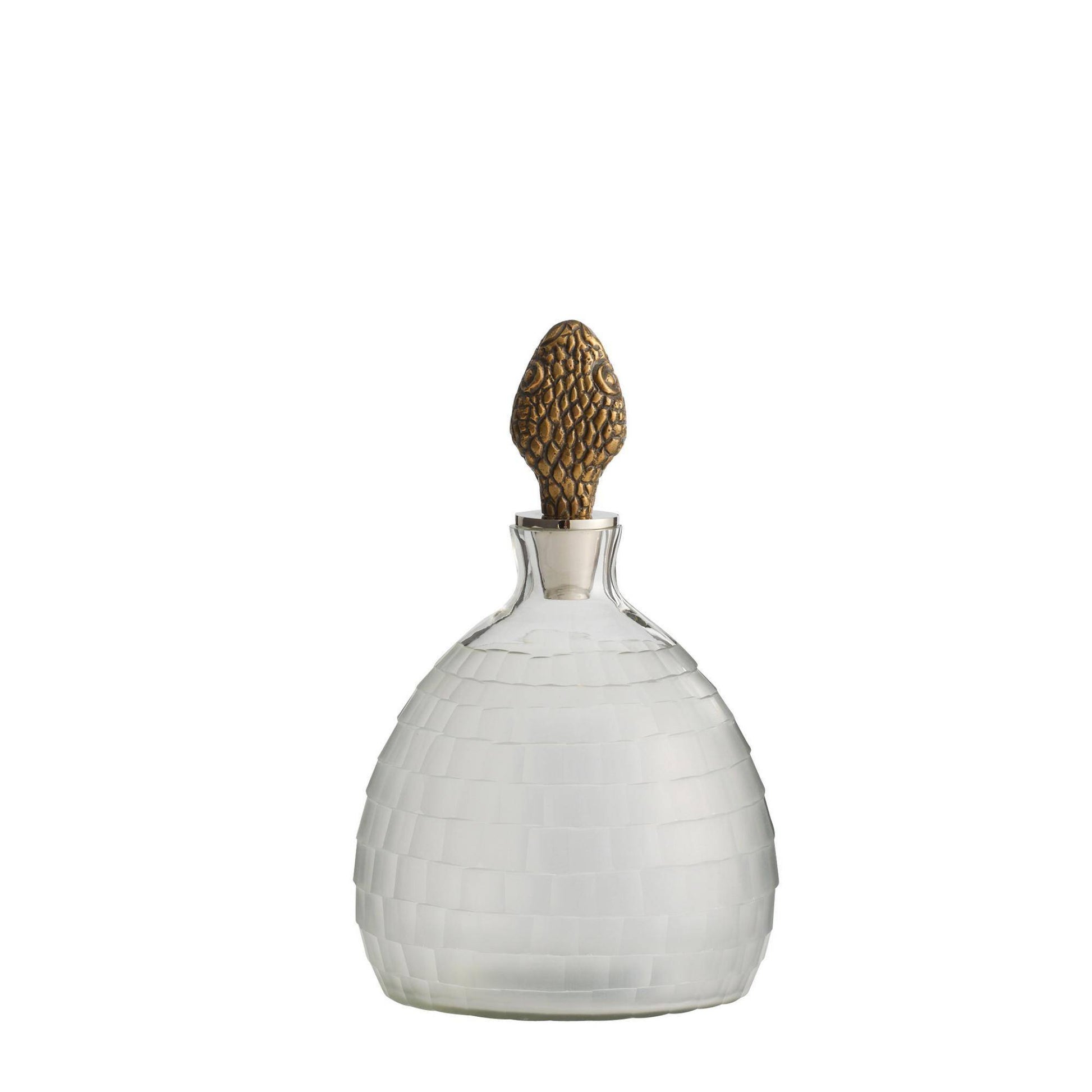 Decorative glass bottle with textured design and gold cap on a white background