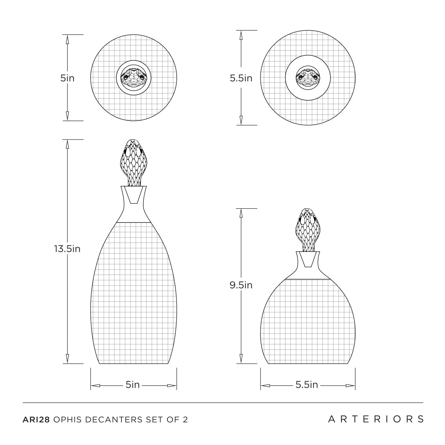 Technical drawing of Ophis decanters set with dimensions and Arteriors branding.