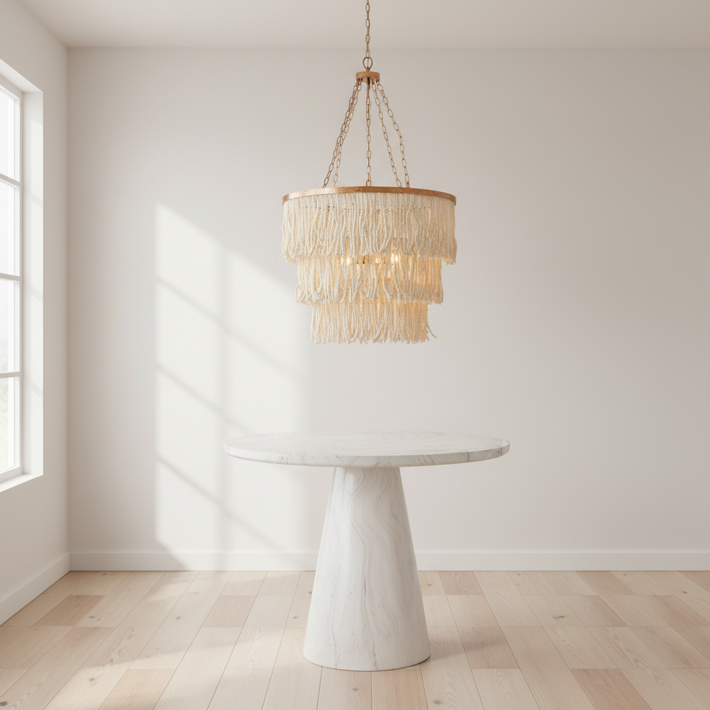 Chandelier hanging above a round table in a bright room with wooden floor and white walls.