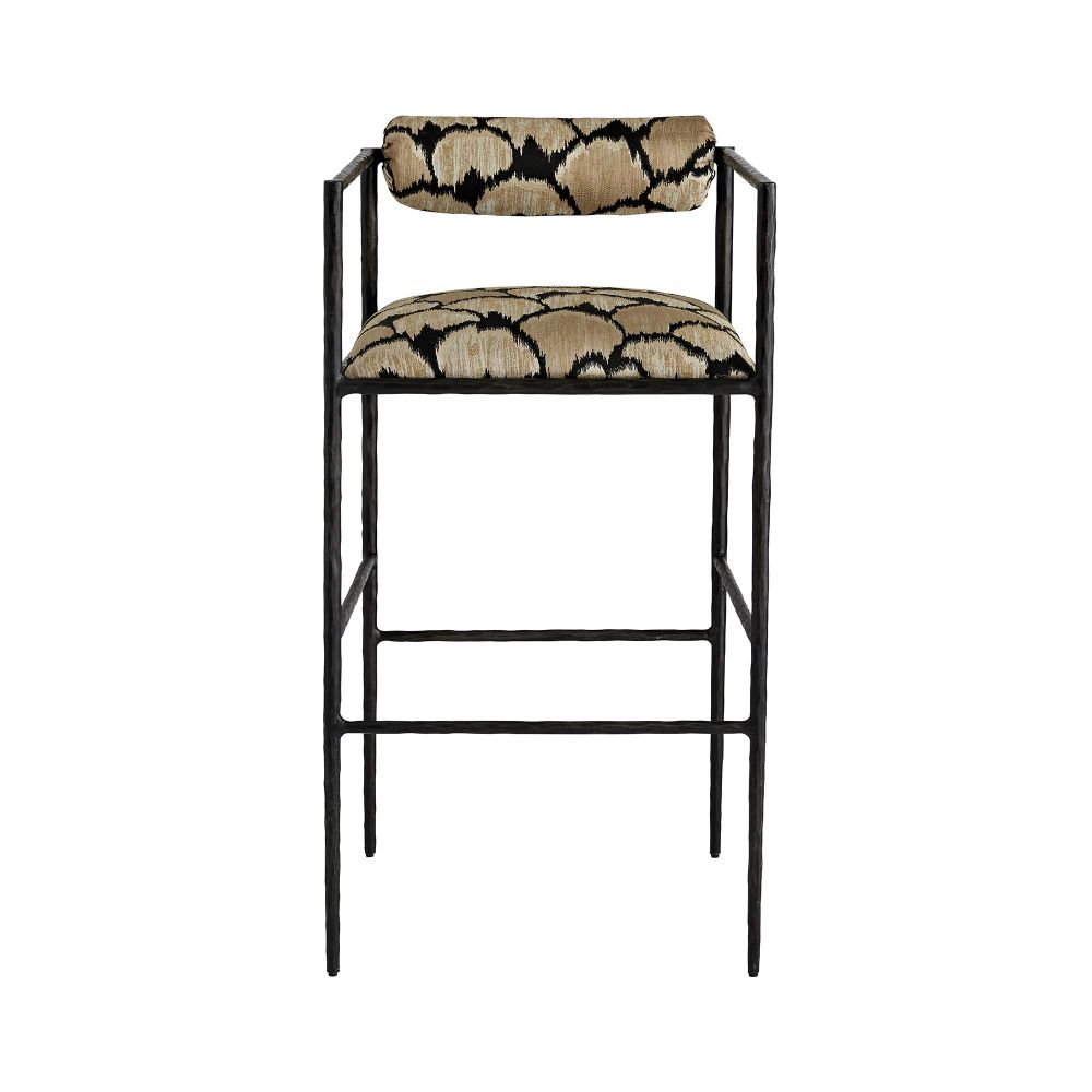 Bar stool with patterned seat and backrest on a white background