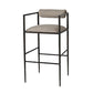 Bar stool with black metal frame and beige cushioned seat on a white background
