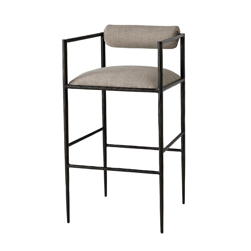 Bar stool with black metal frame and beige cushioned seat on a white background