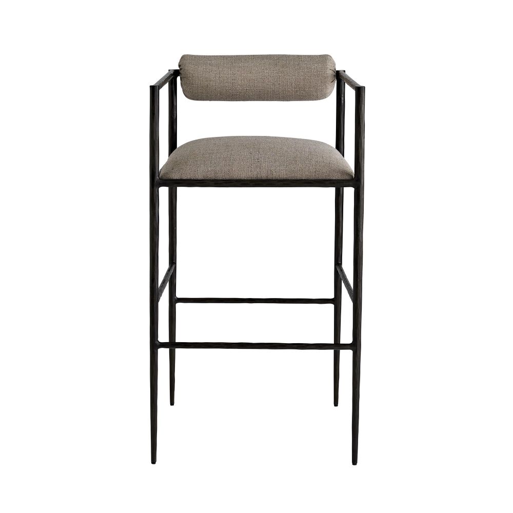 Bar stool with gray cushioned seat and backrest on a white background