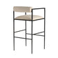 Bar stool with beige cushioned seat and backrest on a white background