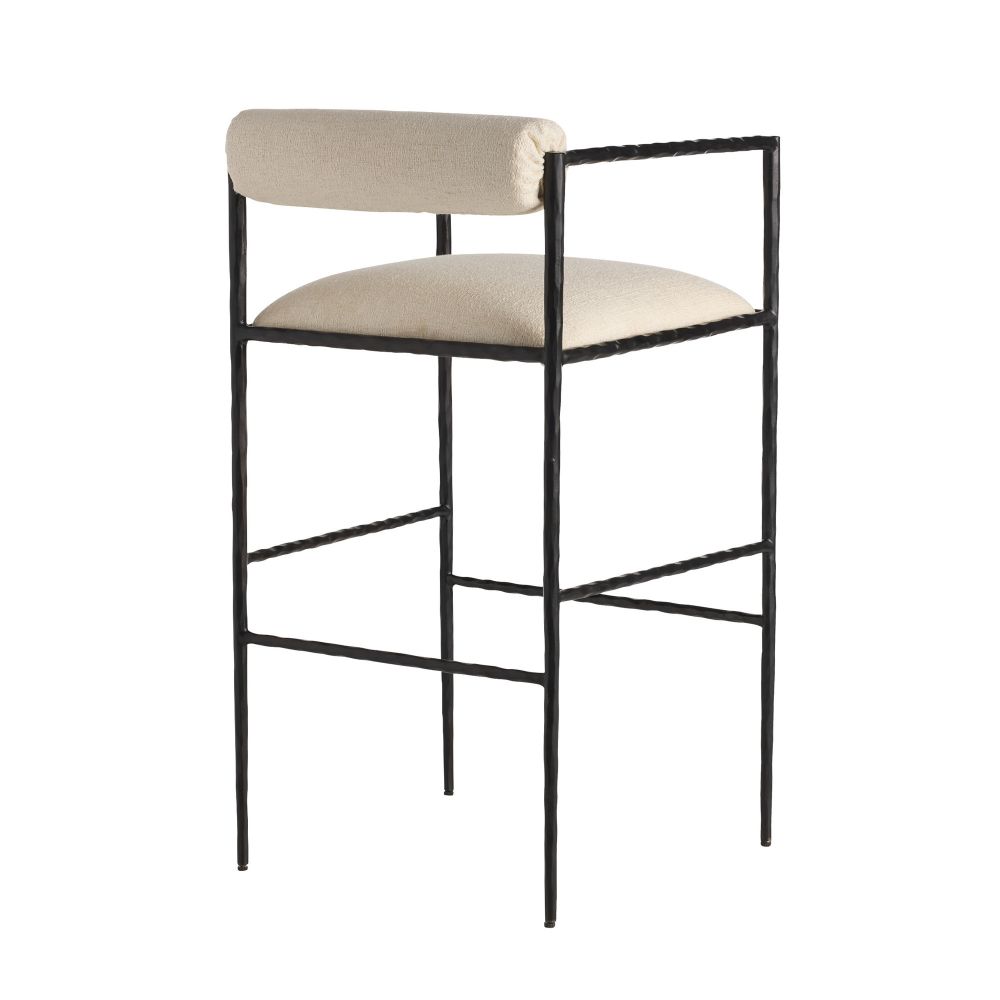 Bar stool with beige cushioned seat and backrest on a white background