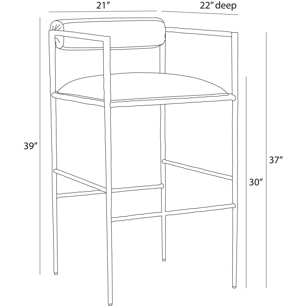 Line drawing of a bar stool with dimensions labeled