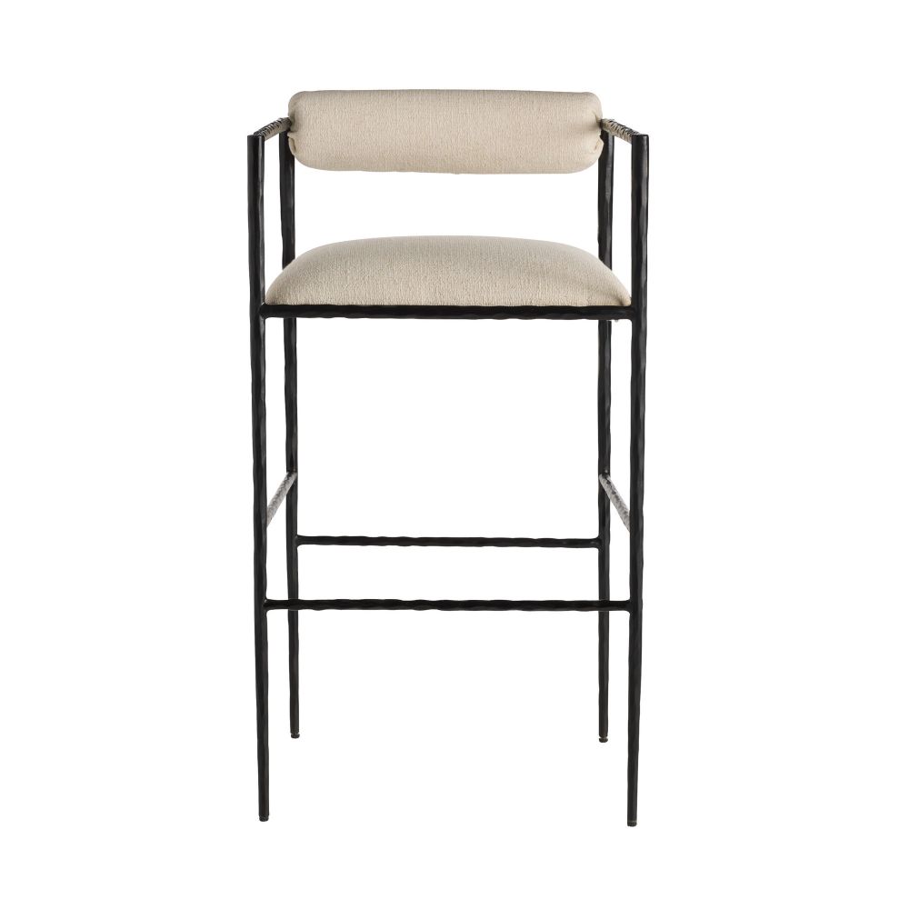 Bar stool with beige cushioned seat and backrest on a white background