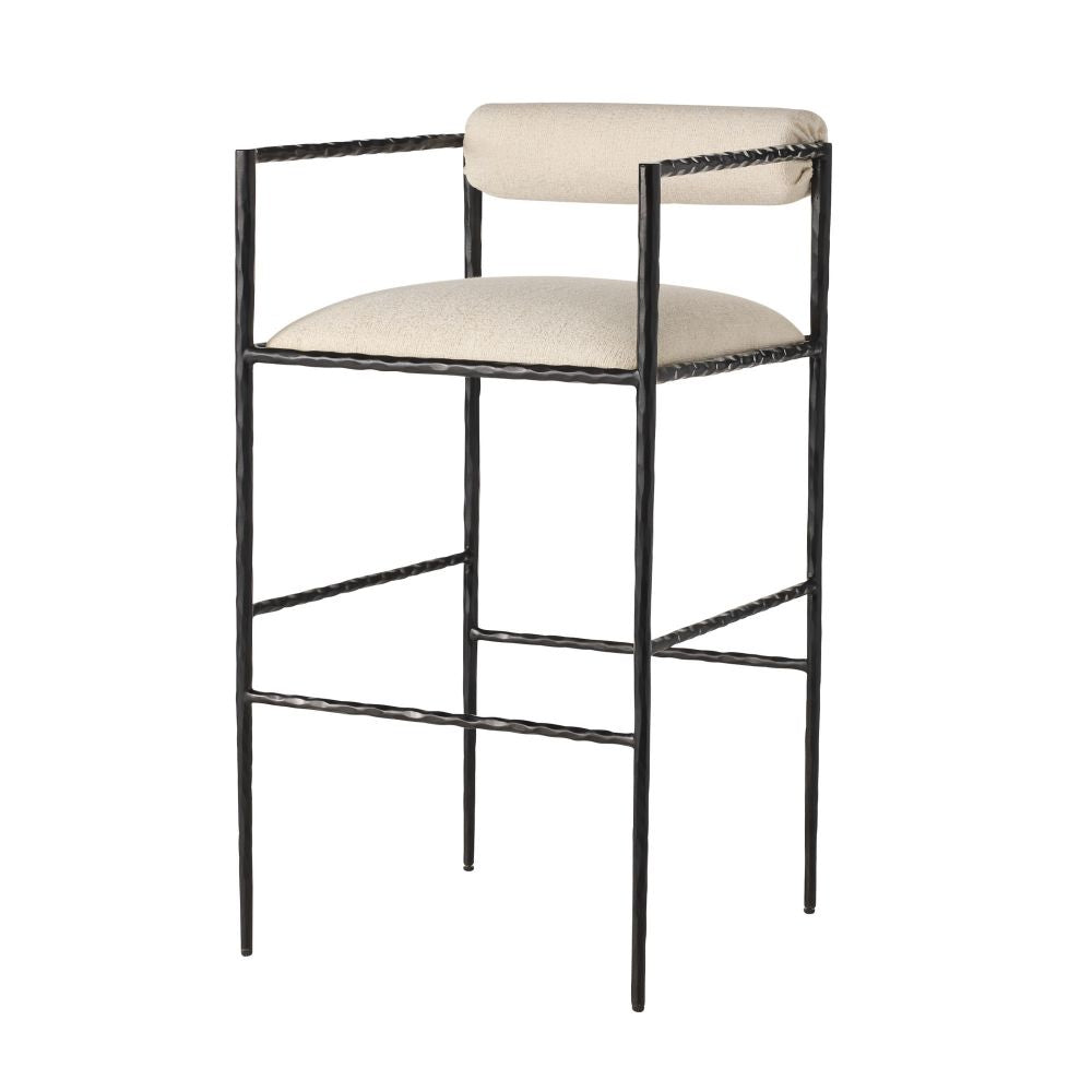Bar stool with black metal frame and beige cushioned seat on a white background