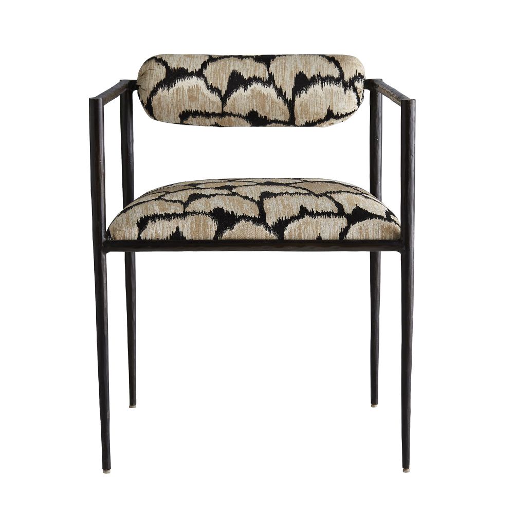 Chair with patterned fabric seat and backrest on a white background