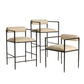 Set of three bar stools with beige seats and black metal frames on a white background