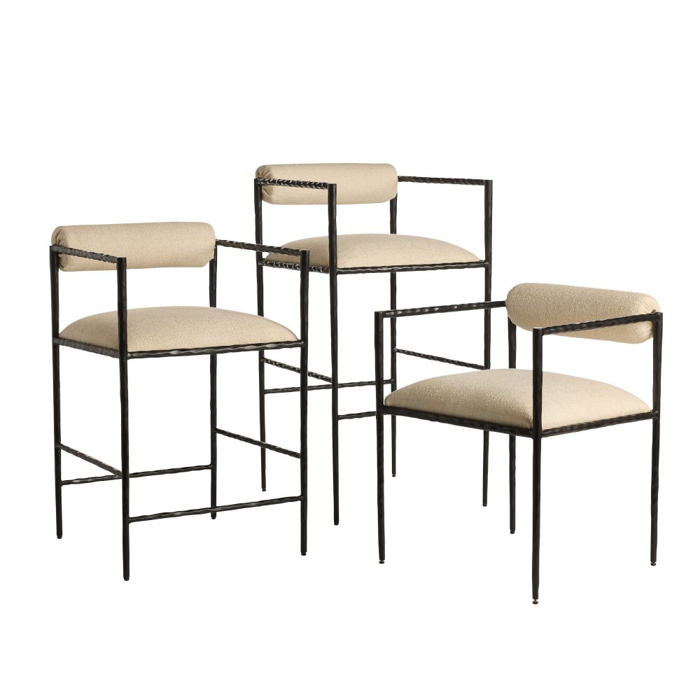 Set of three bar stools with beige seats and black metal frames on a white background