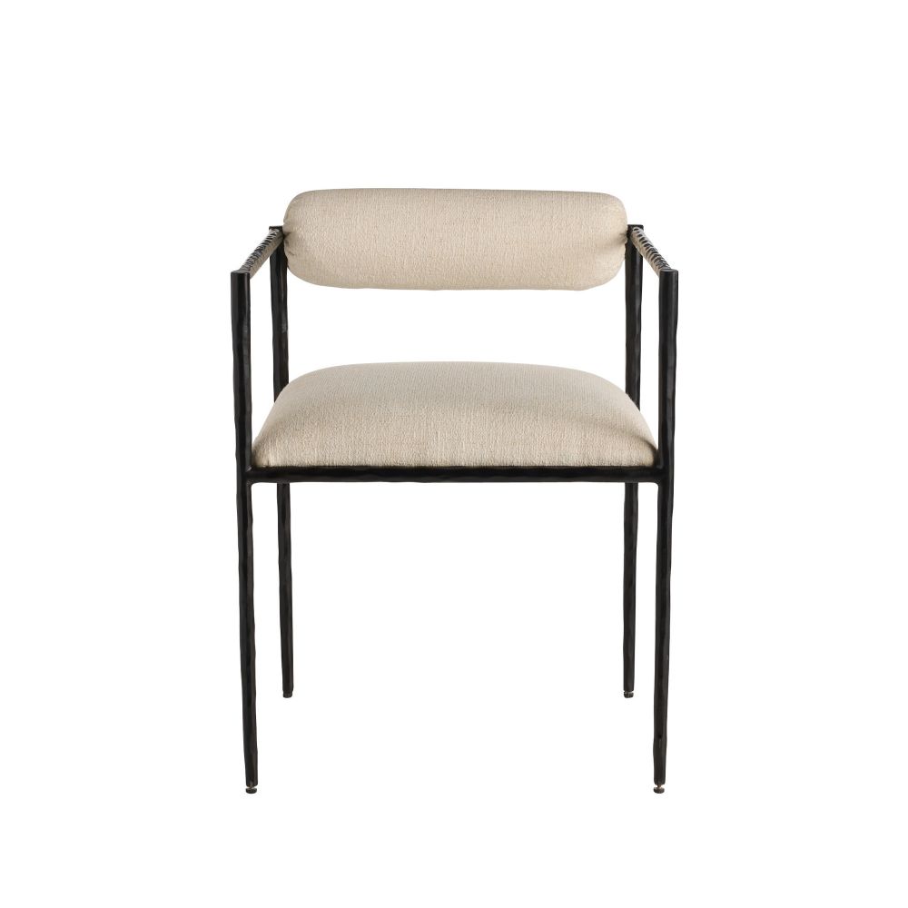 Beige chair with black metal frame on a white background