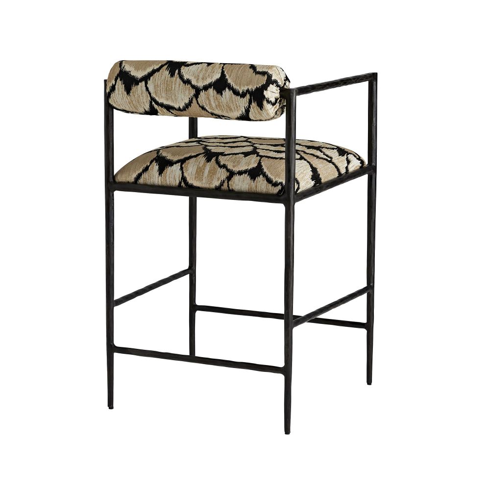 Bar stool with black metal frame and patterned seat on a white background