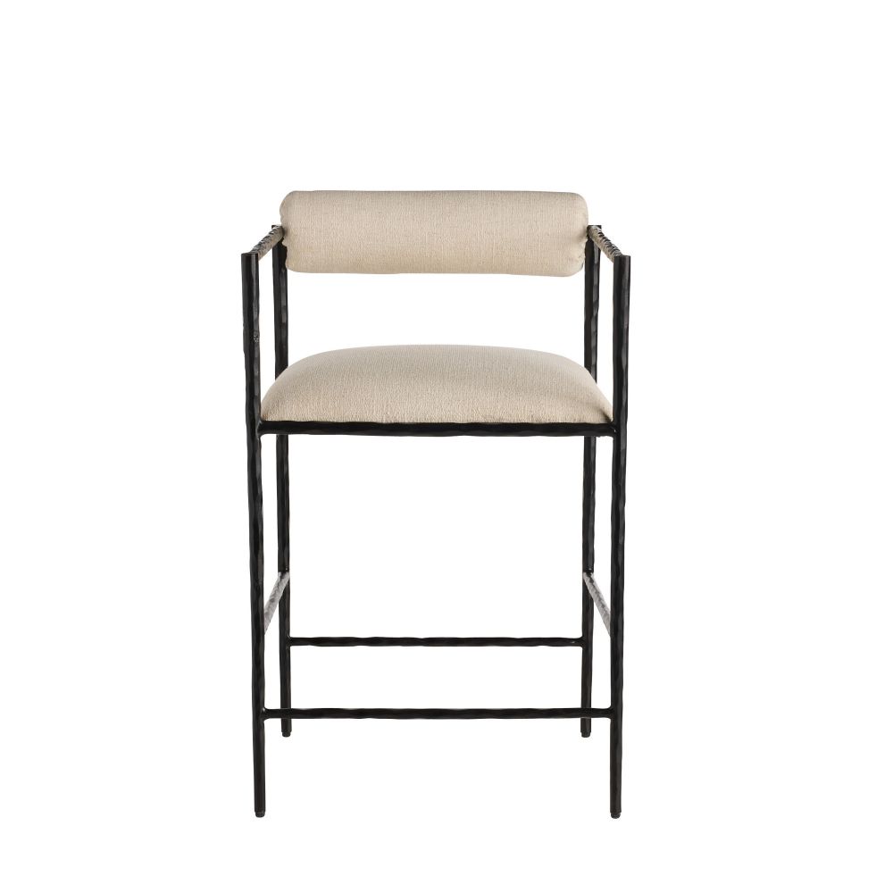 Bar stool with beige cushioned seat and backrest on a white background