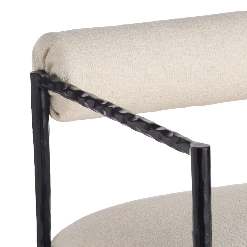 Chair with black metal frame and beige cushioned seat and backrest on a white background