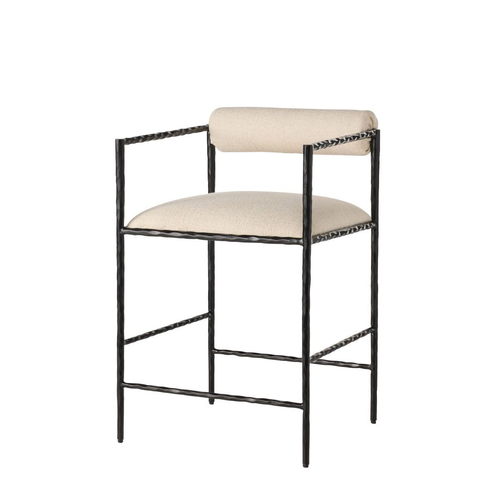 Bar stool with black metal frame and beige cushioned seat on a white background