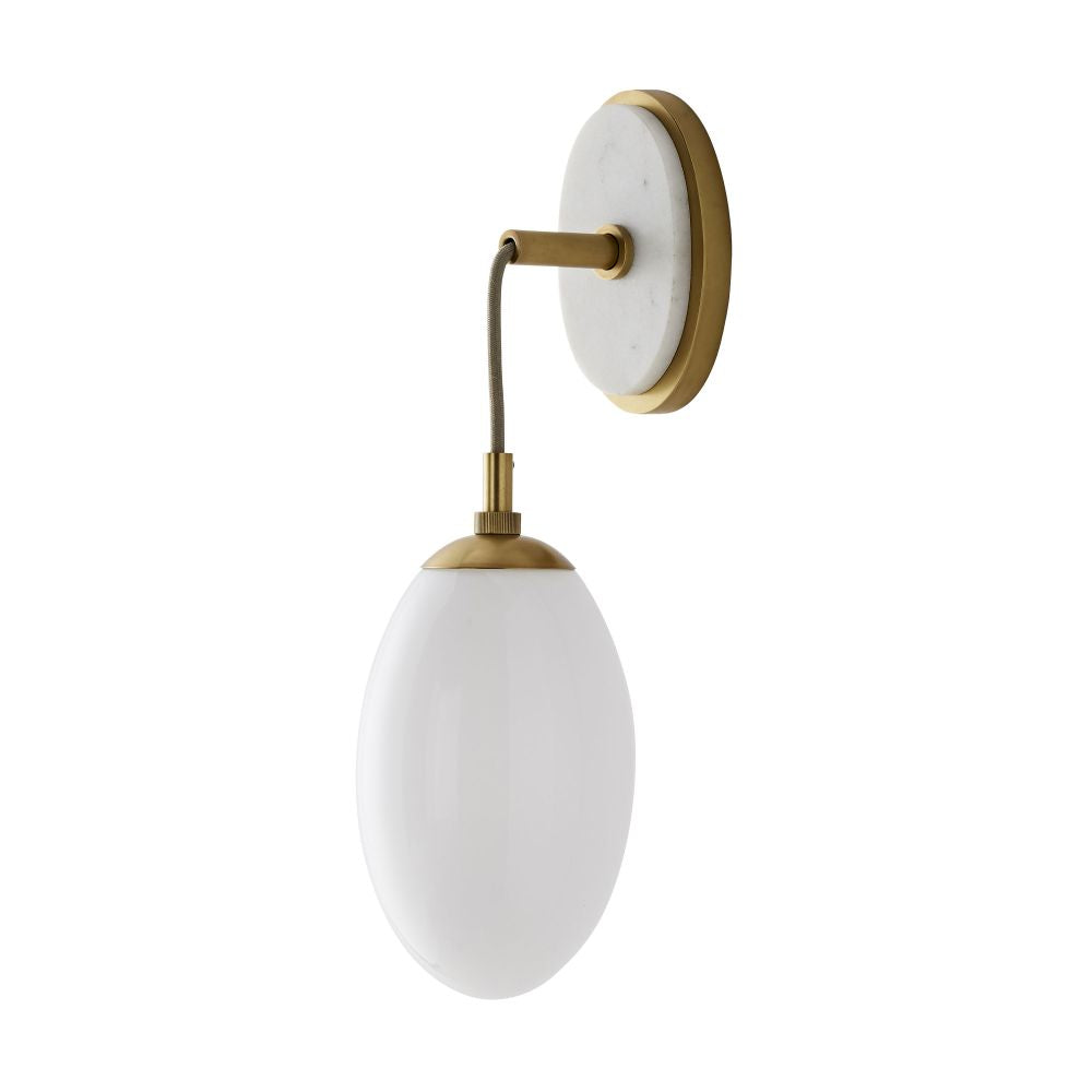 Wall sconce with white glass shade and gold metal fixture on a white background