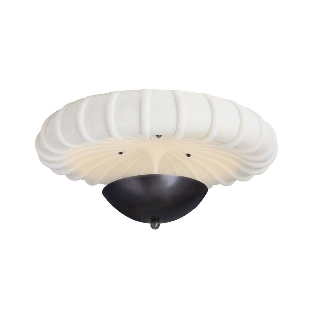 Ceiling light fixture with white ribbed shade and bronze base on a white background