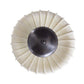 Decorative wall light fixture with beige pleated design and black central fixture on a white background