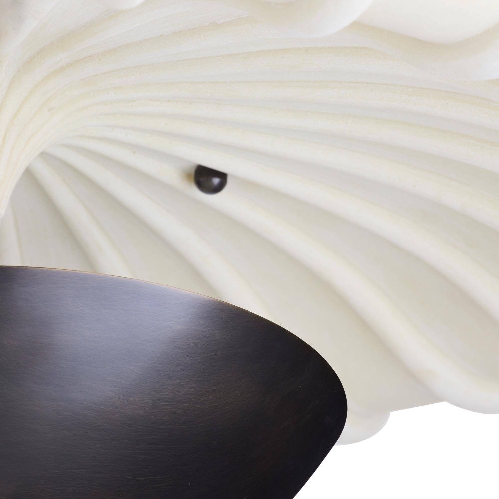Close-up of a ceiling light fixture with a white lampshade and black base.