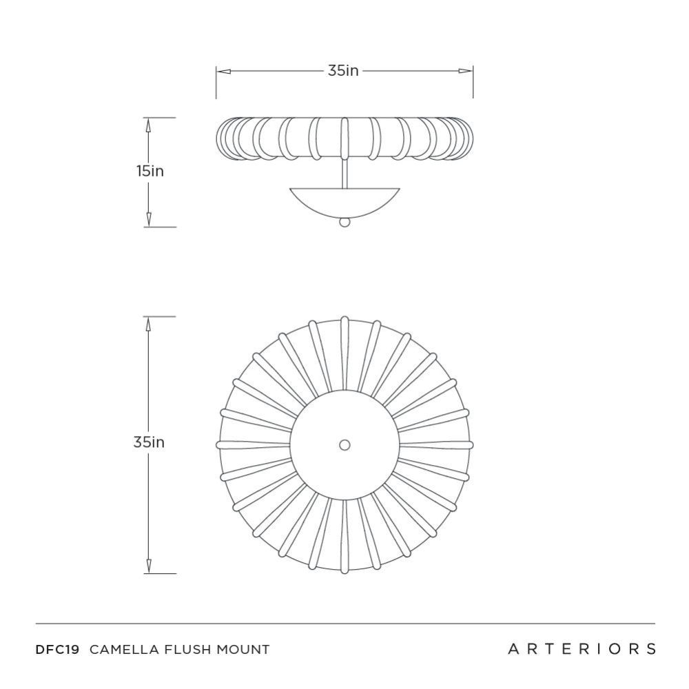 Technical drawing of a Camella Flush Mount light fixture with dimensions and Arteriors branding.