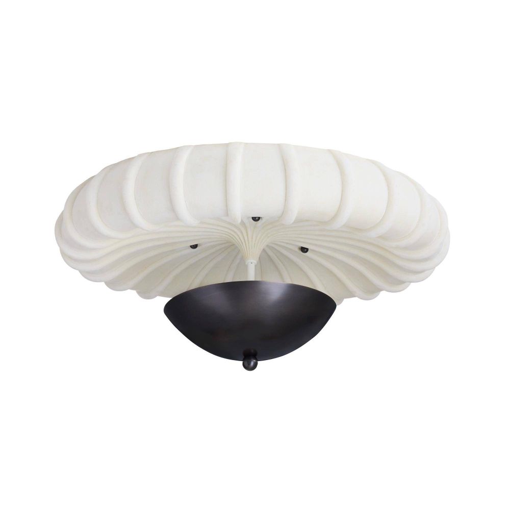 Ceiling light fixture with white ribbed shade and black base on a white background