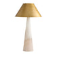 Lamp with gold shade and white base on a white background