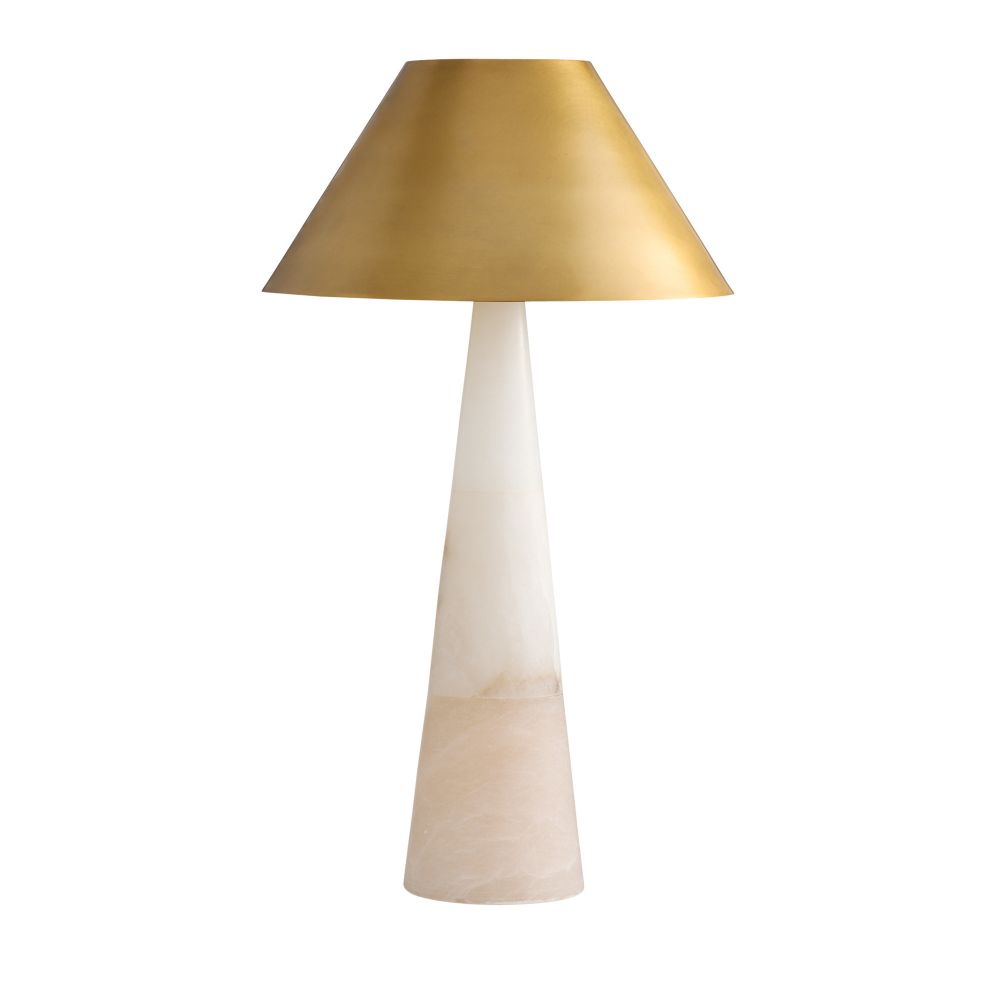 Lamp with gold shade and white base on a white background